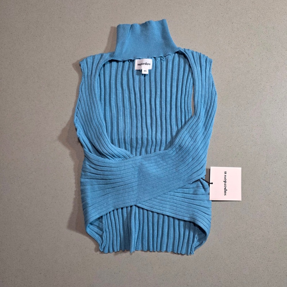 Superdown Blue Ribbed Crossover Turtleneck Sleeveless Knit Top XS NEW